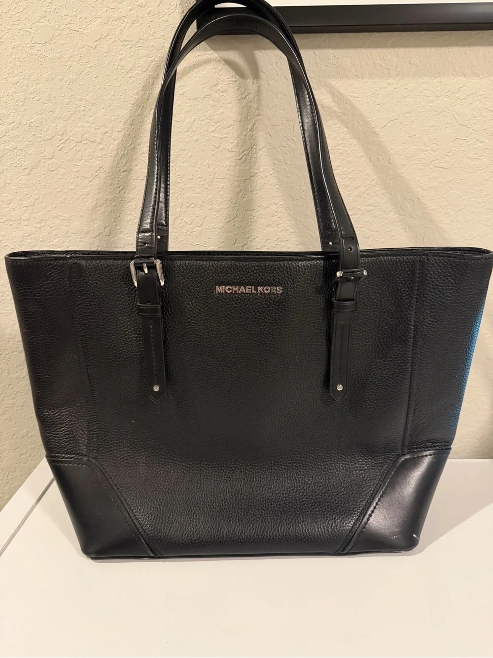 Michael Kors Black Pebbled Leather Tote with Gold Logo
